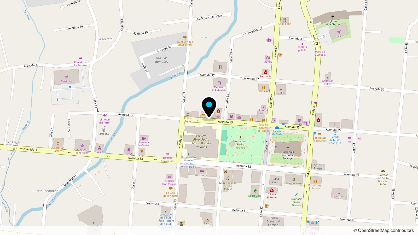 Mapa de la ubicación de la tienda: Costado Norte de la Escuela Pedro María Badilla, diagonal al parque, San Rafael, Heredia